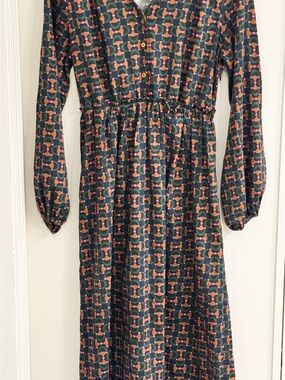 Vilagallo Geometric Print Long Sleeve Midi Dress Green & Pink w/ smocking accent